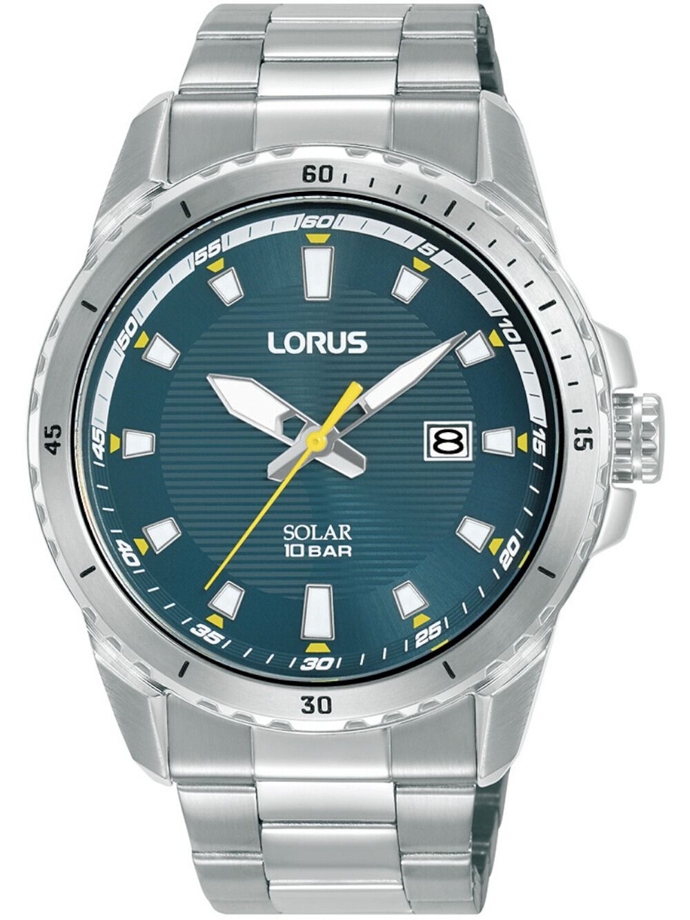 Herren-Solararmbanduhr mit tealfarbenem Zifferblatt und silbernem Edelstahlarmband, analoge Zeiger