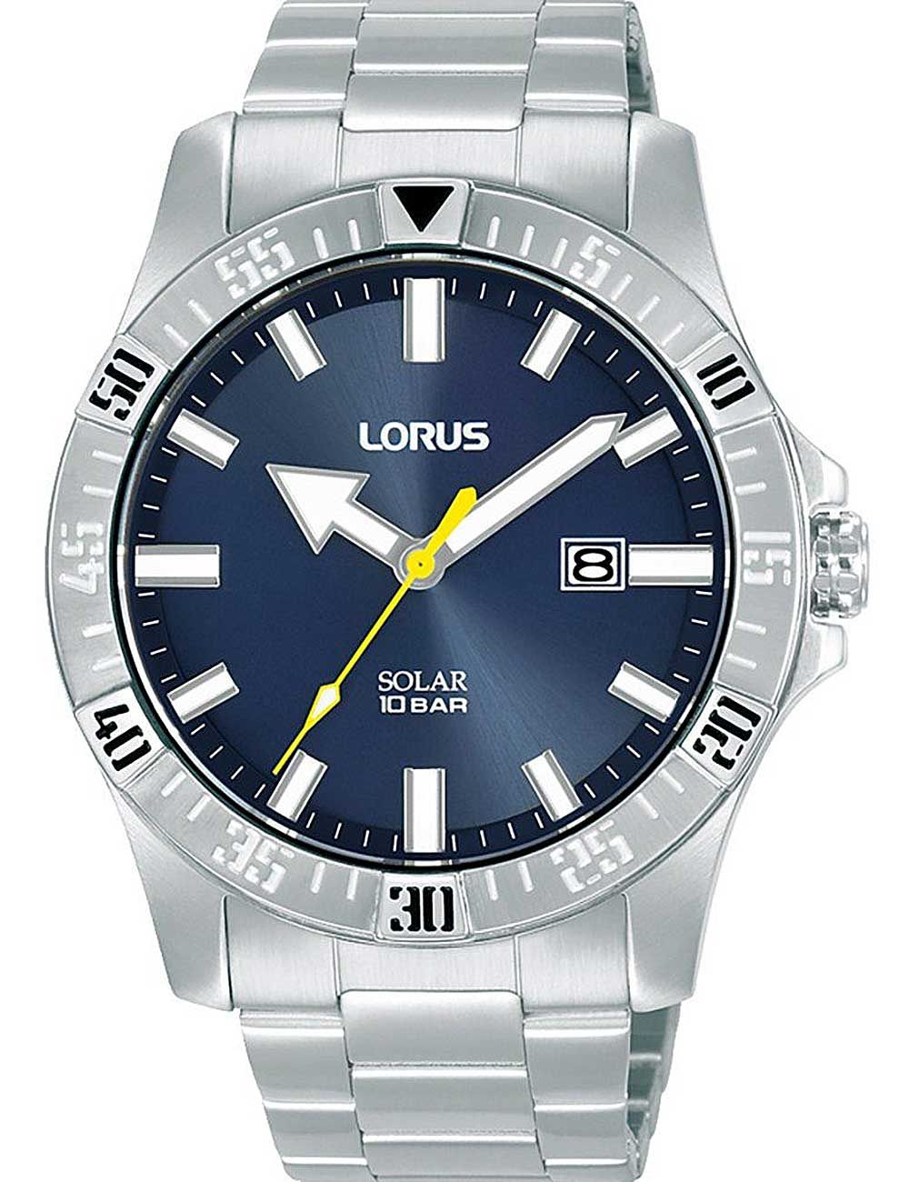 Herrenarmbanduhr Lorus mit blauem Zifferblatt, Edelstahlarmband, Solar, Mineralglas