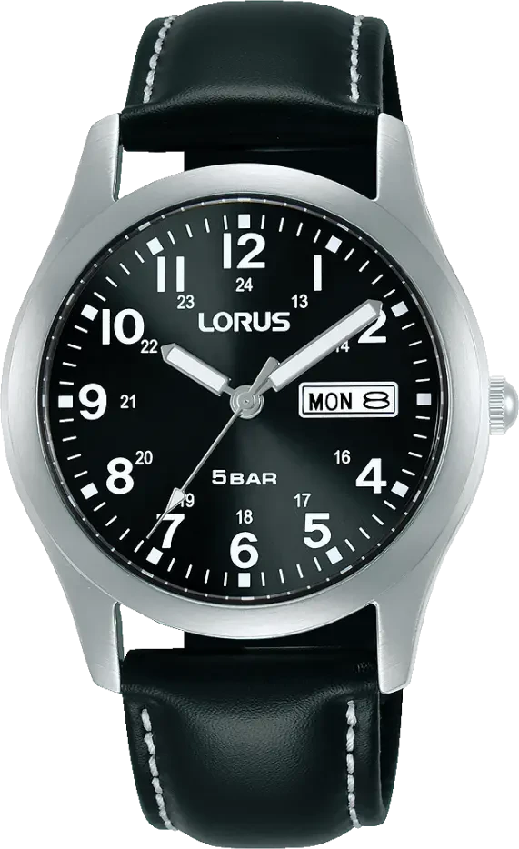Montre Lorus pour homme avec cadran noir, affichage de la date « LUN », boîtier argenté, bracelet en cuir