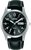 Montre Lorus pour homme avec cadran noir, affichage de la date « LUN », boîtier argenté, bracelet en cuir