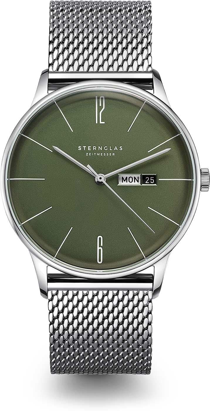 Bracelet de montre pour homme avec bracelet en maille argentée et cadran vert, date LUN 25
