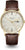 Montre unisexe avec cadran beige, lunette dorée et bracelet en cuir marron