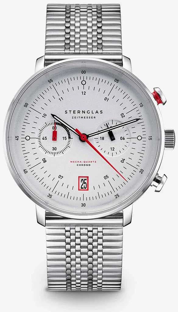 Montre homme avec cadran argenté, aiguilles rouges et bracelet en acier inoxydable