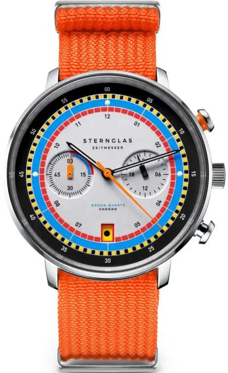 Chronographe pour homme avec bracelet textile orange et anneau de cadran à cadre bleu et rouge