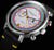 Herrenuhr mit schwarzem Lederarmband, silbernem Gehäuse und bunt umrandetem Chronographenzifferblatt