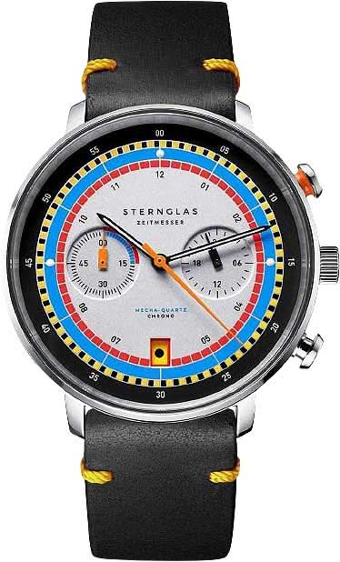 Herrenuhr, schwarzes Lederarmband, silbernes Chronographenzifferblatt mit bunter Lünette