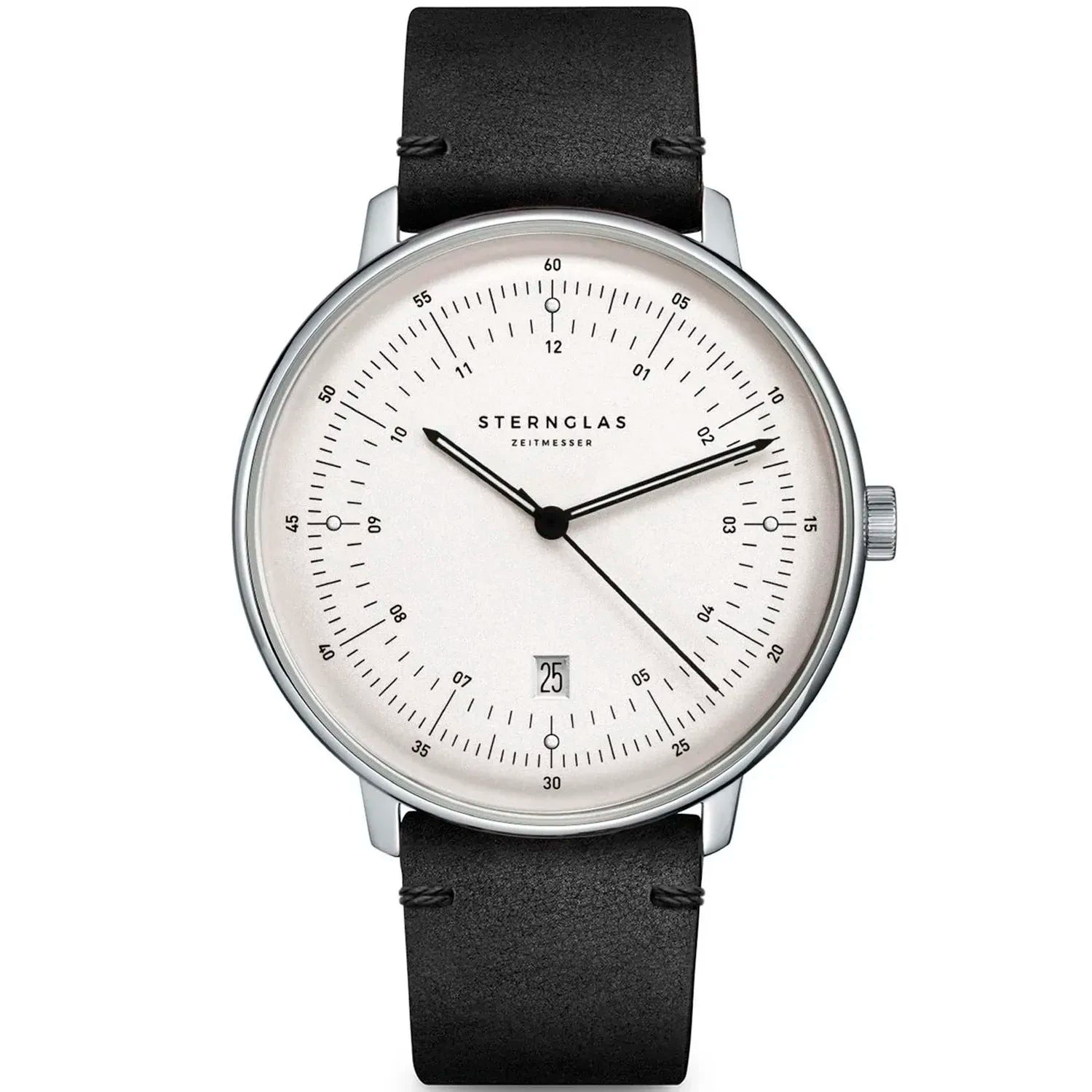 Sternglas Herrenuhr mit schwarzem Lederarmband, rundem silbernem Gehäuse und weißem Zifferblatt