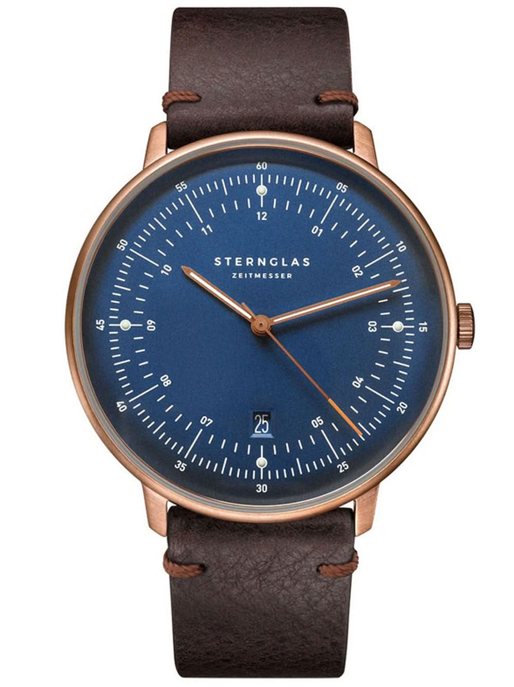 Montre homme avec cadran bleu, lunette or rose et bracelet en cuir marron