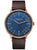 Montre homme avec cadran bleu, lunette or rose et bracelet en cuir marron