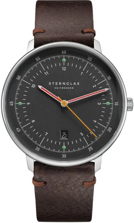 Montre homme avec bracelet en cuir marron, cadran noir, aiguilles colorées, guichet date