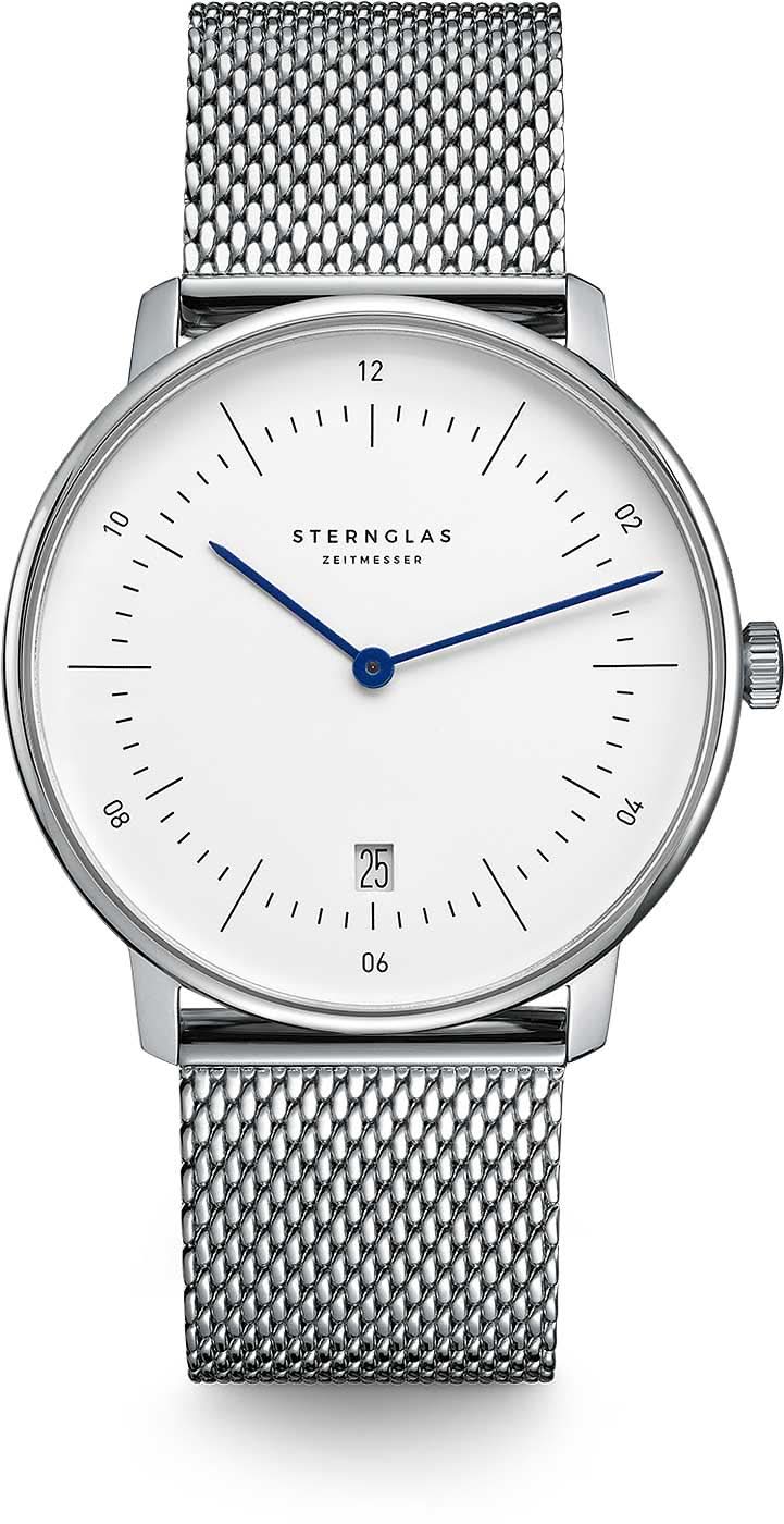 Unisex-Armbanduhr mit weißem Zifferblatt, blauen Zeigern und Metall-Meshband.