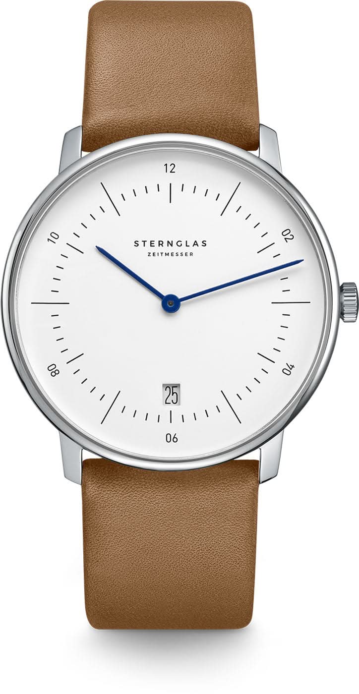 Sternglas Herrenuhr mit weißem Zifferblatt, blauen Zeigern und braunem Lederband
