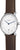Herrenuhr mit braunem Lederarmband, silbernem Gehäuse und weißem Zifferblatt, blaue Zeiger