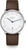 Herrenuhr mit braunem Lederarmband, silbernem Gehäuse und weißem Zifferblatt, blaue Zeiger