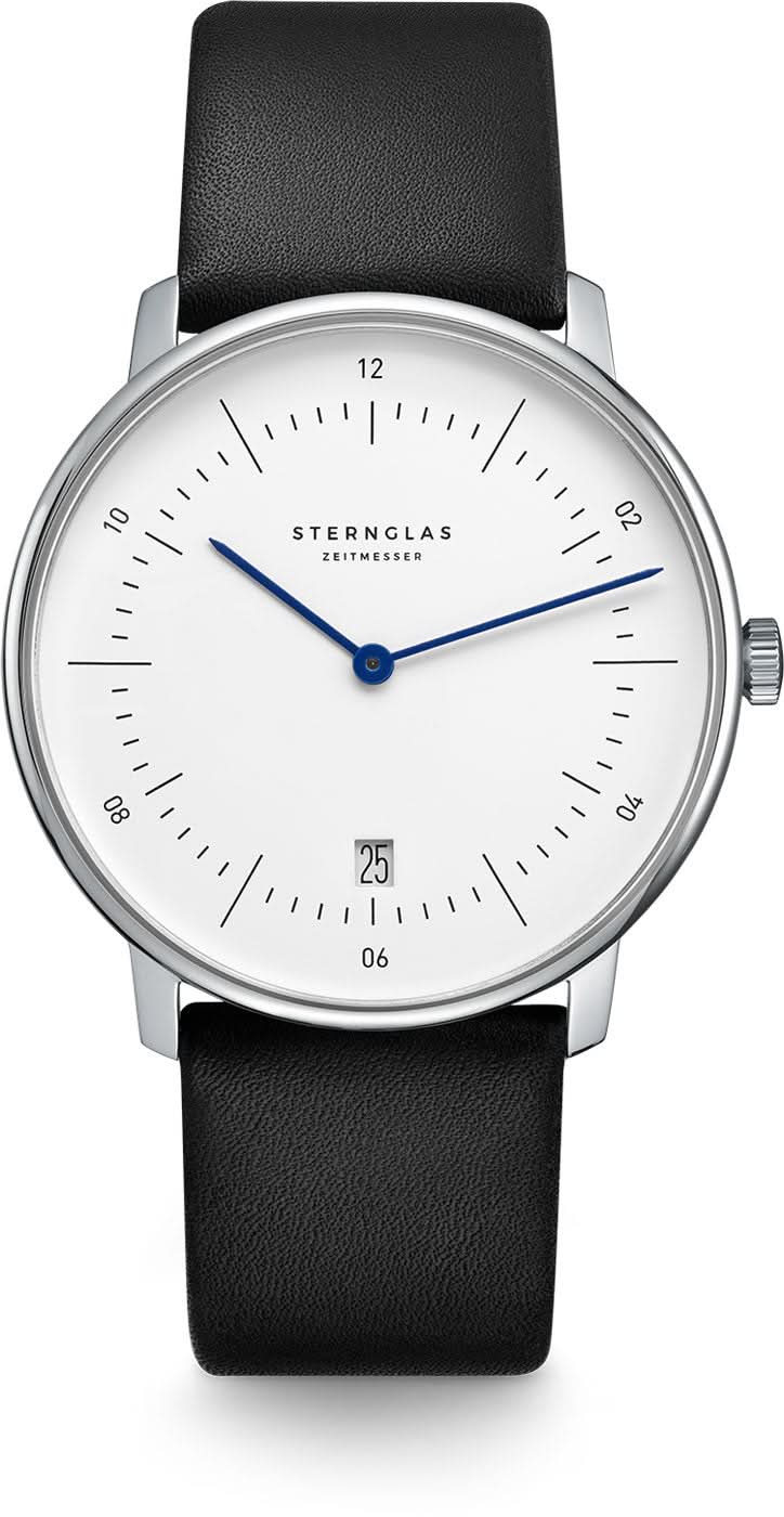 Herrenarmbanduhr Sternglas Naos: weißes Zifferblatt, blauer Zeiger, schwarzes Lederband