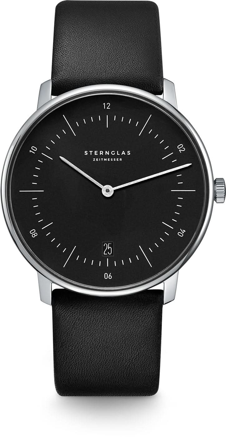 Montre homme avec cadran noir, bracelet en cuir noir et verre saphir