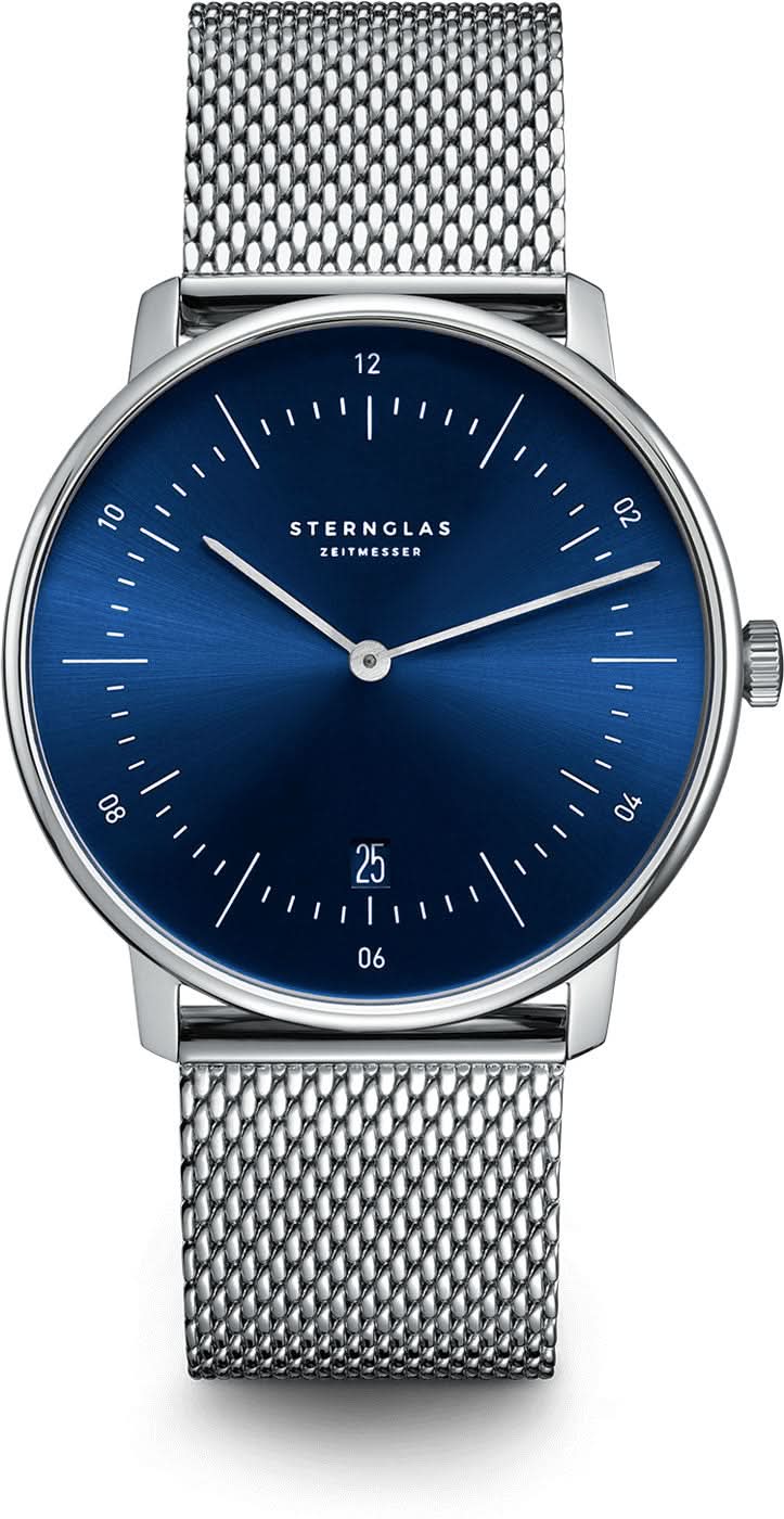 Herrenarmbanduhr mit blauem Zifferblatt, schlankem Gehäuse und Metall-Mesharmband