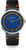Herrenuhr mit blauem Zifferblatt, orangefarbenen Indexen und schwarzem Lederband
