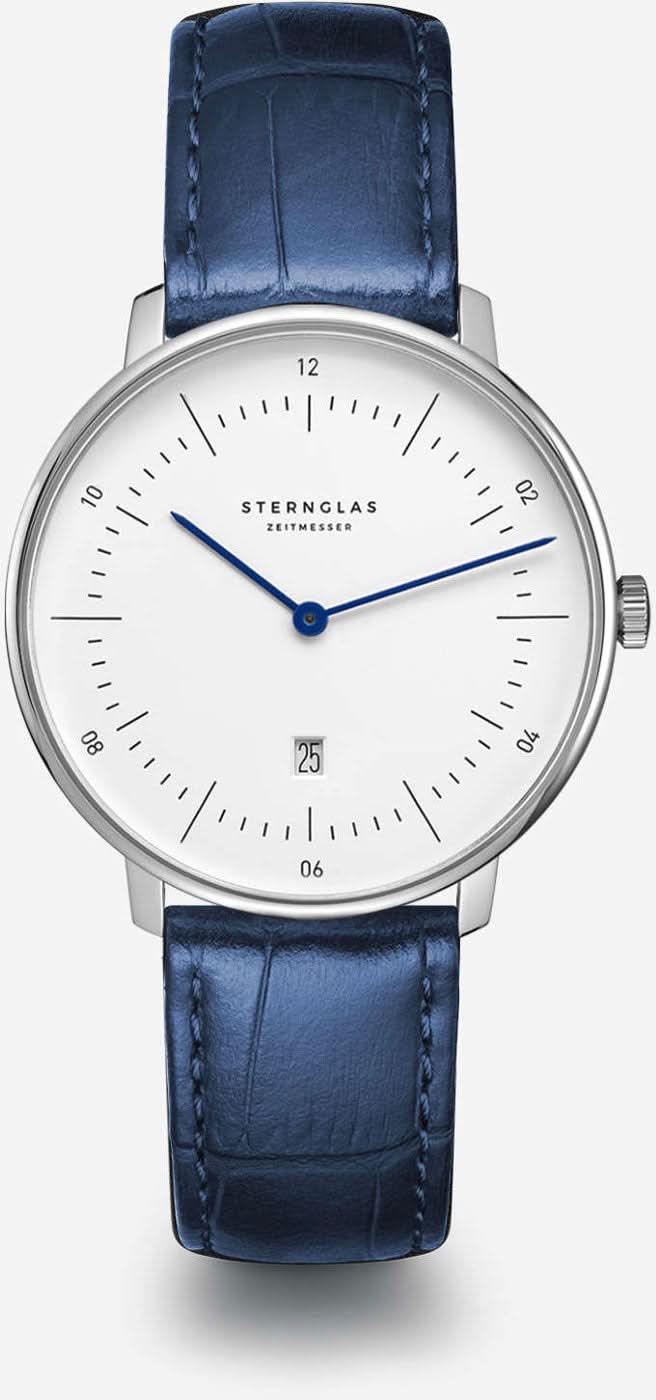 Damenuhr mit rundem silbernem Gehäuse, blauem Zifferblatt und blauem Lederarmband