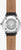 Montre pour femme avec bracelet en cuir marron, boîtier argenté et cadran à motif gravé.