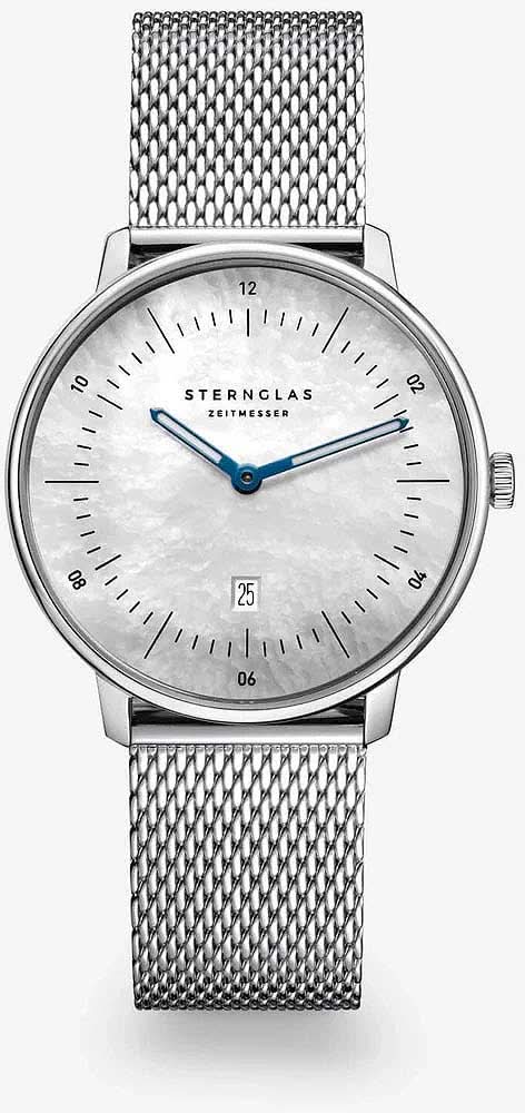 Montre pour femme avec bracelet milanais argenté, cadran blanc et aiguilles bleues