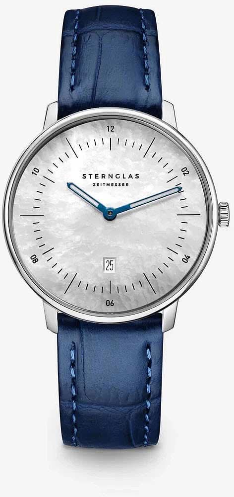 Montre pour femme avec bracelet en cuir bleu, cadran rond et aiguilles bleues