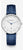 Montre pour femme STERNGLAS avec boîtier rond argenté, bracelet en cuir bleu et cadran blanc.