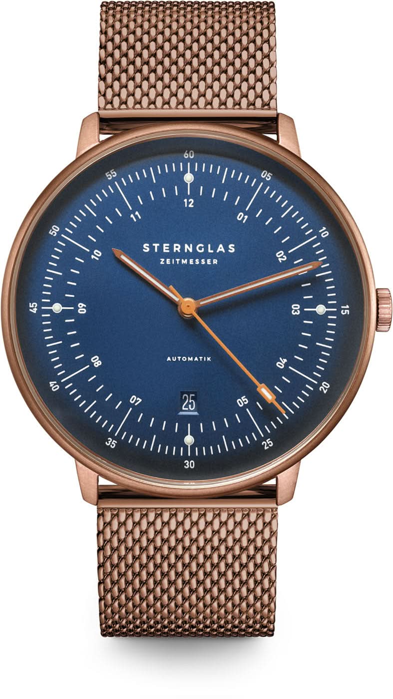 Sternglas Herrenuhr mit blauem Zifferblatt, roségoldener Lünette und Metallmaschenband