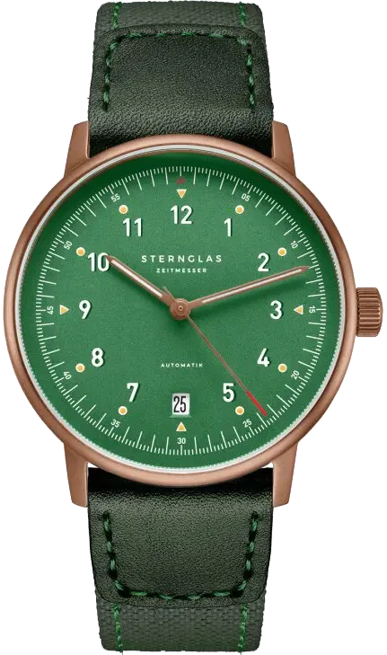Montre pour homme avec cadran vert et bracelet en cuir vert, lunette couleur or rose.