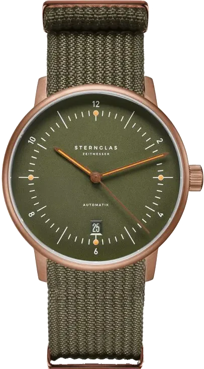 Montre Sternglas pour homme, cadran vert olive, boîtier brun rosé, bracelet vert olive