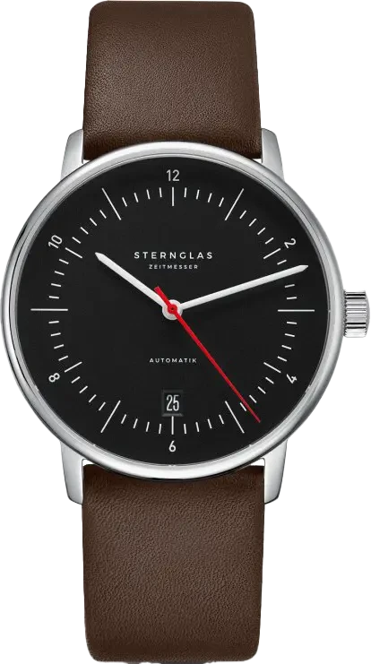 Montre homme avec cadran noir, bracelet en cuir marron et boîtier argenté.