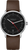 Montre homme avec cadran noir, bracelet en cuir marron et boîtier argenté.