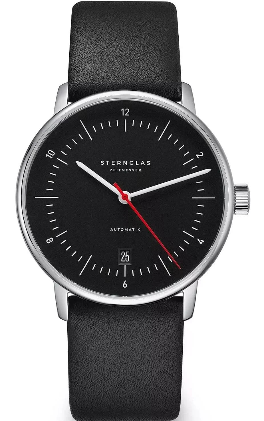 Montre automatique unisexe avec bracelet en cuir noir et cadran noir, aiguilles rouges