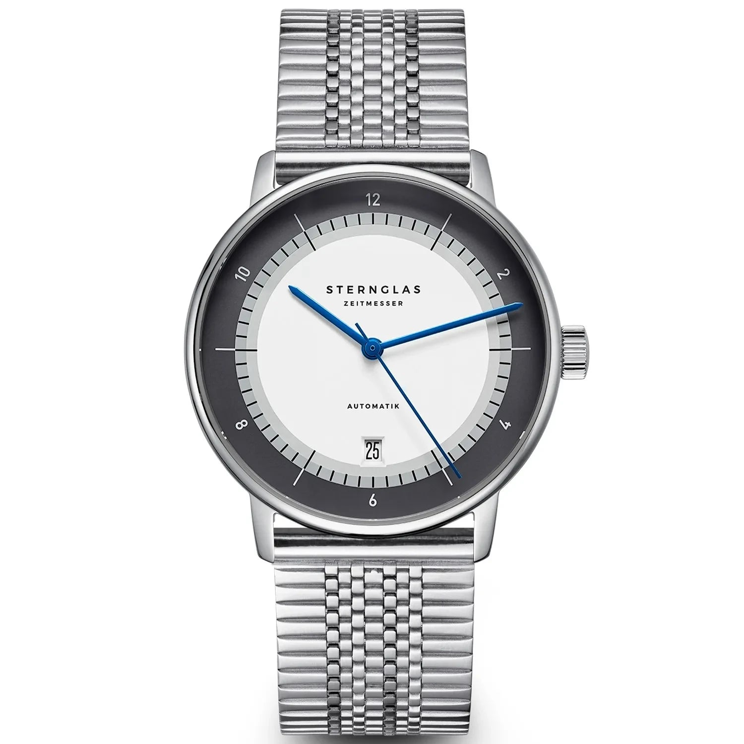 Herrenarmbanduhr Sternglas Naos mit silbernem Milanaise-Armband, weißem Zifferblatt