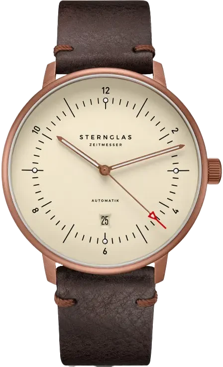 Montre homme avec bracelet en cuir marron, boîtier plaqué or rose et cadran beige.