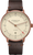 Montre homme avec bracelet en cuir marron, boîtier plaqué or rose et cadran beige.