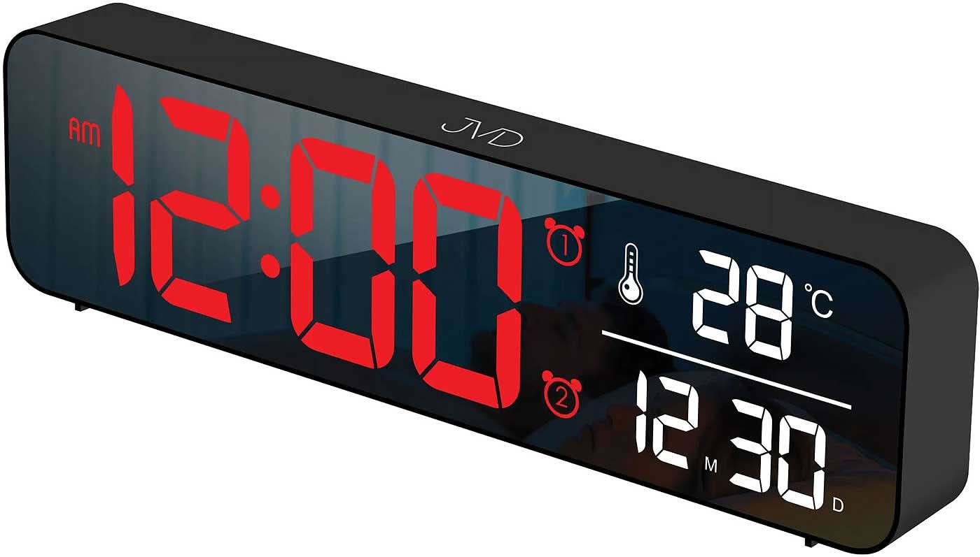 Réveil numérique en plastique noir avec affichage LED rouge pour l'heure, la température et la date