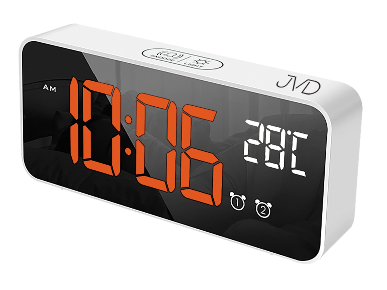 Digitale JVD-Tischuhr mit orangefarbenem LED-Display und Bedientasten 1/2