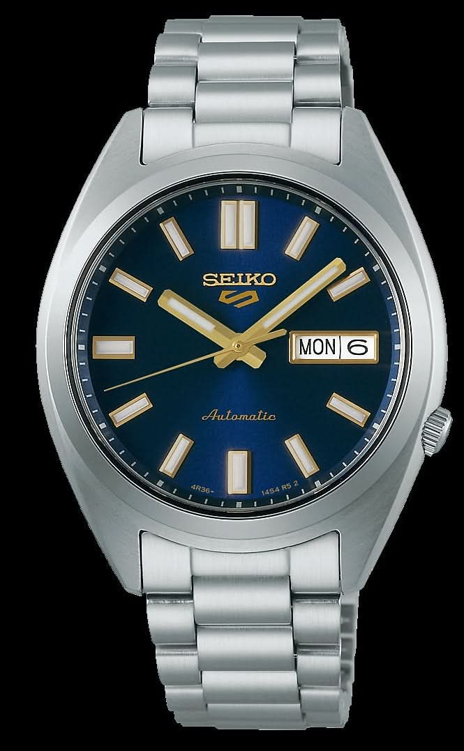 Montre automatique Seiko 5 Sports pour homme : cadran bleu, date, bracelet en acier.