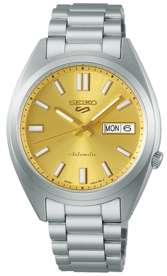 Montre Seiko 5 Sports pour homme : bracelet en acier inoxydable argenté, cadran doré, date