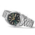 Bracelet de montre pour homme avec bracelet en métal argenté et cadran sombre, guichet date « LUN 6 ».
