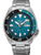 Seiko Herrenarmbanduhr mit Skelettzifferblatt, Stahlband; blau-grüne Lünette, MON-Datum