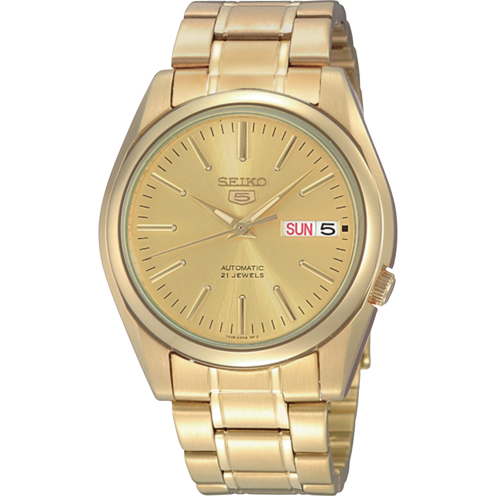 Seiko Herrenarmbanduhr mit goldfarbenem Metallband, rundem Zifferblatt und Datumsanzeige