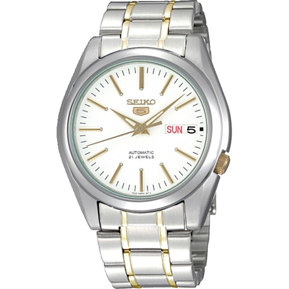 Herrenarmbanduhr Seiko 5 mit silber-goldem Metallband, weißem Zifferblatt und Tages-/Datumsanzeige
