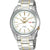 Herrenarmbanduhr Seiko 5 mit silber-goldem Metallband, weißem Zifferblatt und Tages-/Datumsanzeige