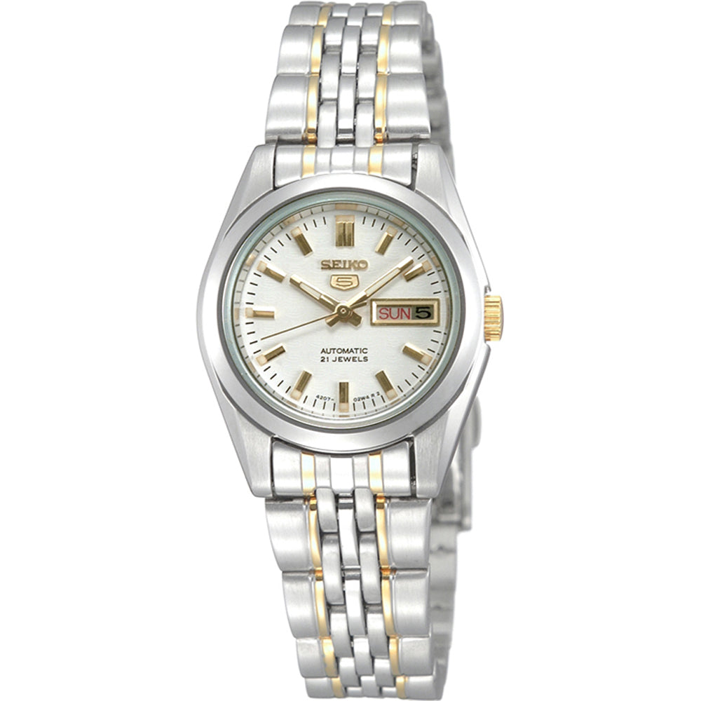 Seiko 5 Damenuhr, bicolor Metallband, cremefarbenes Zifferblatt mit Tag-Datum-Anzeige