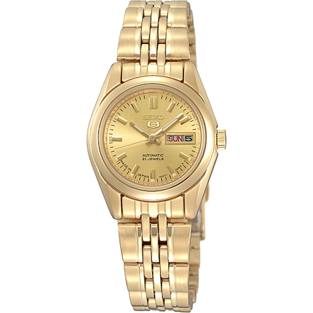 Seiko 5 Damenarmbanduhr goldfarben mit goldenem Zifferblatt, Datum und Wochentag