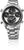 Edelstahlarmbanduhr mit schwarzem Zifferblatt und Chronographen-Anzeigen; silbernes Stahlarmband.