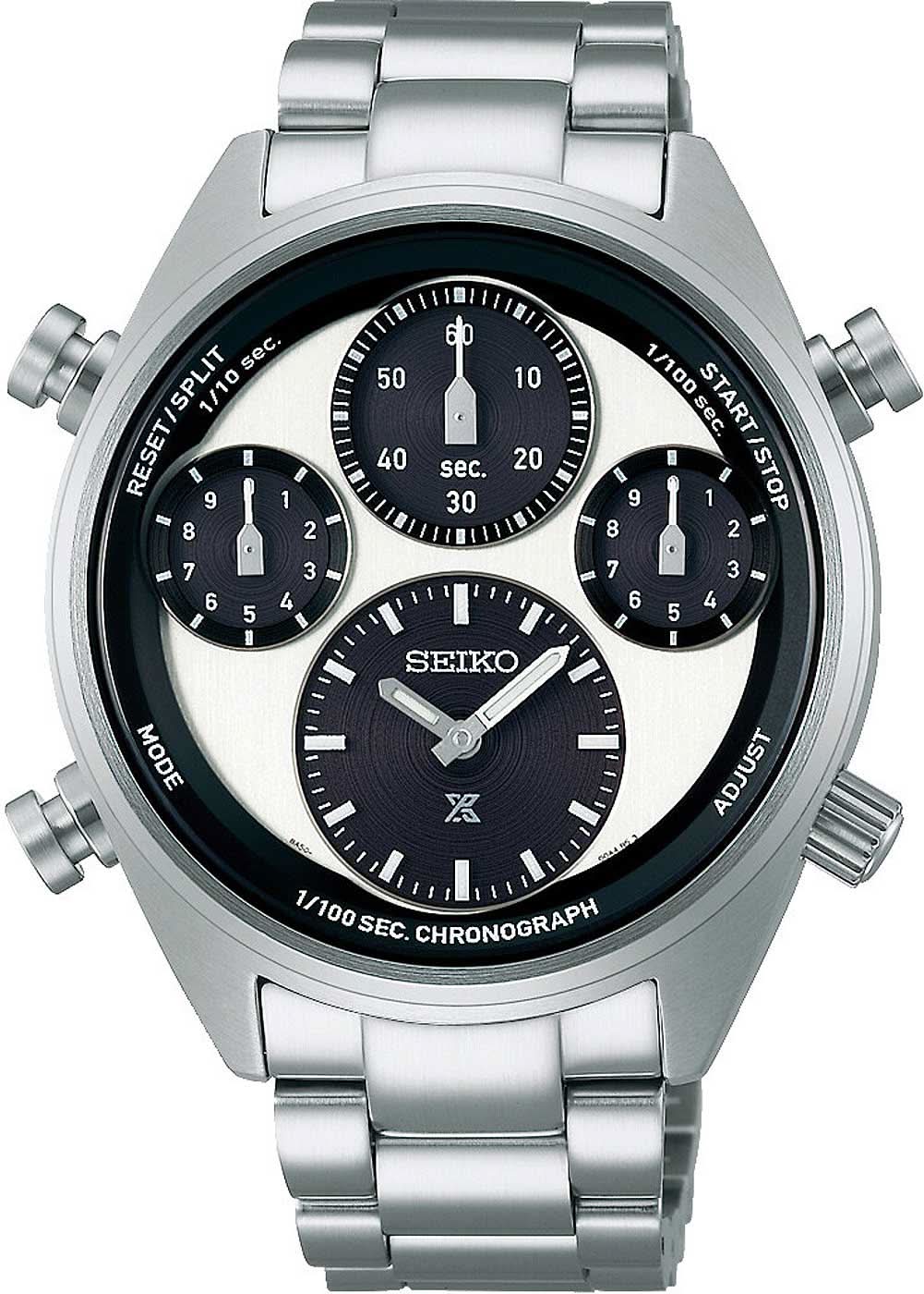 Edelstahlarmbanduhr: silbernes Gehäuse, schwarzes Zifferblatt, Chronograph mit drei Hilfszifferblättern.