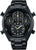 Herrenarmbanduhr mit schwarzem Ziffernblatt, Chronographen-Totalisatoren und schwarzem Edelstahlarmband.
